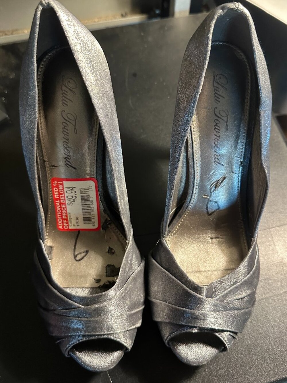 Lulu Townsend Silver Satin Peep Toe Heels Shimmer Prom Party Bridal Size 6